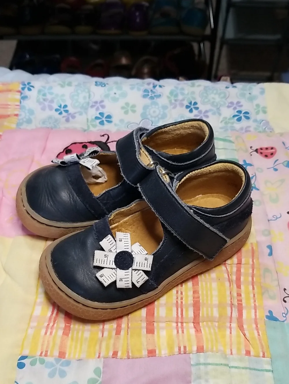 Livie & Luca Navy Blue Mary Janes with Tape Measure Flower Size 8 